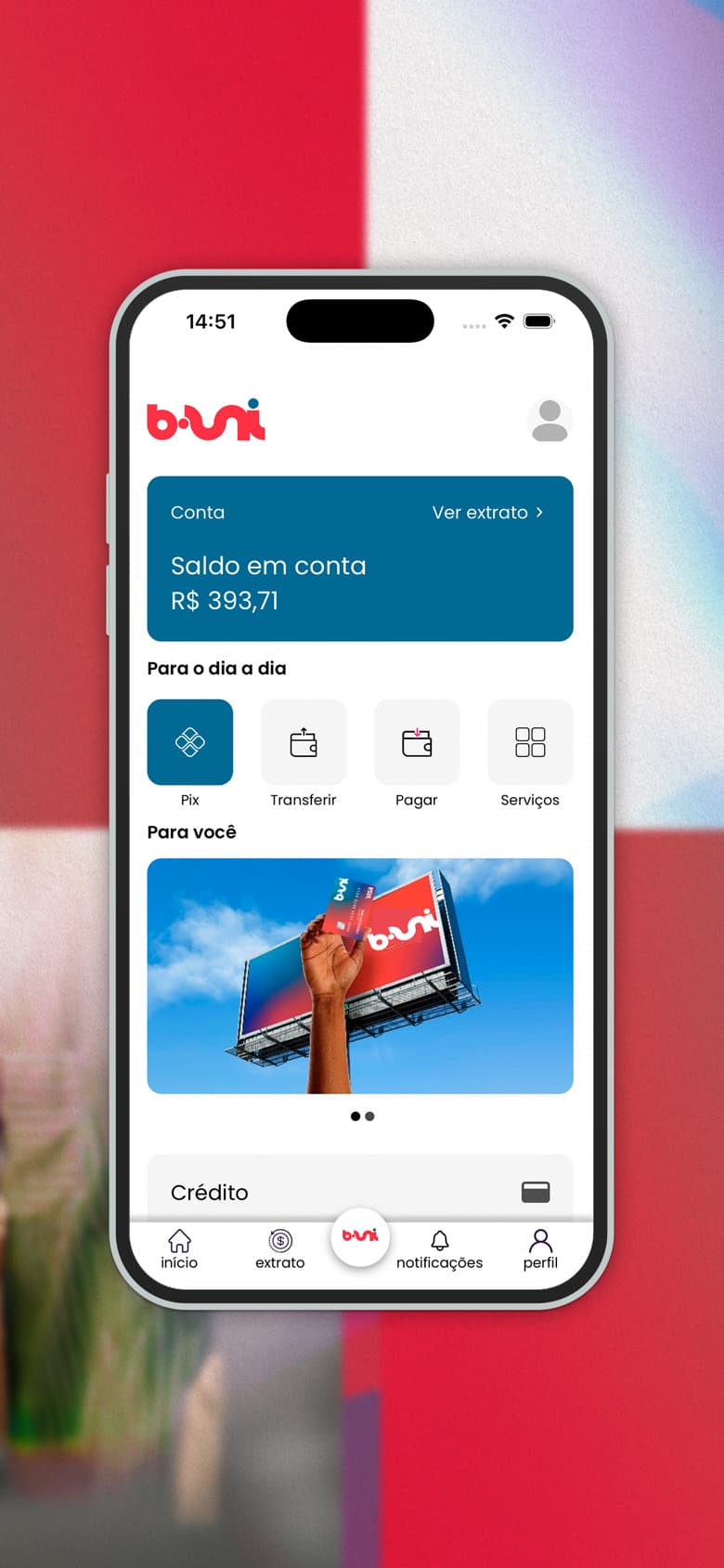 b.Uni — home with account balance, Pix and day-to-day shortcuts